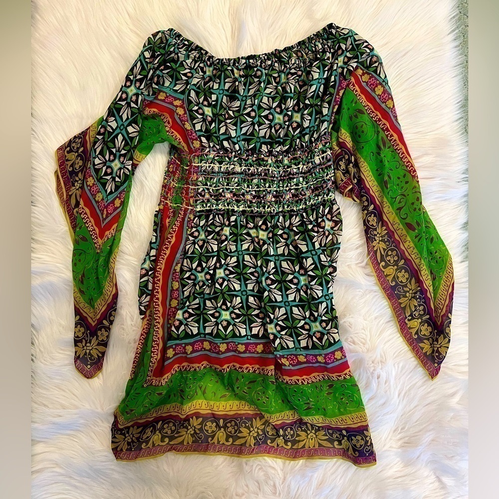 NICOLE MILLER sheer floral flowy off shoulder mini dress or coverup petite small